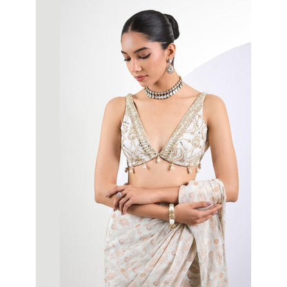 Neha Khullar Printed Chinon Chiffon Ivory Pearl Pre Draped Saree With Stitched Blouse