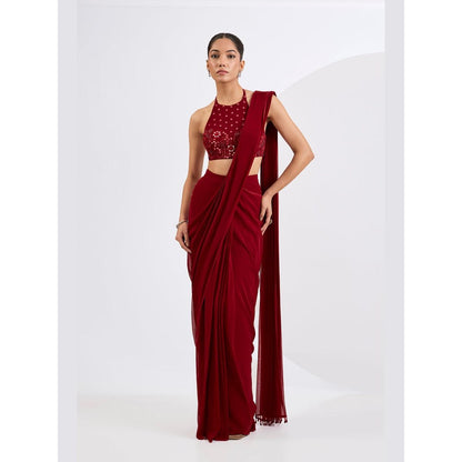 Neha Khullar Red Pre Draped Saree Set with Heavily Embellished Blouse