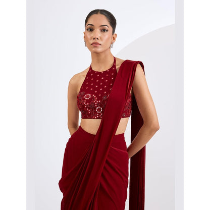 Neha Khullar Red Pre Draped Saree Set with Heavily Embellished Blouse