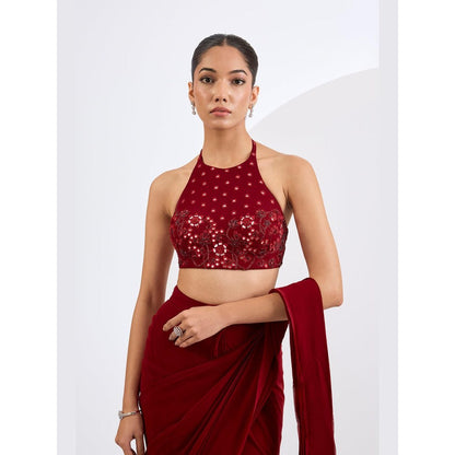 Neha Khullar Red Pre Draped Saree Set with Heavily Embellished Blouse