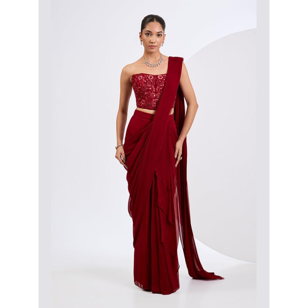 Neha Khullar Red Pre Draped Saree Set with Heavily Embellished Corset Blouse