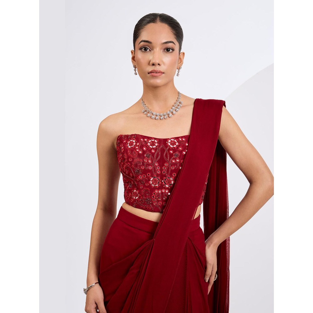 Neha Khullar Red Pre Draped Saree Set with Heavily Embellished Corset Blouse
