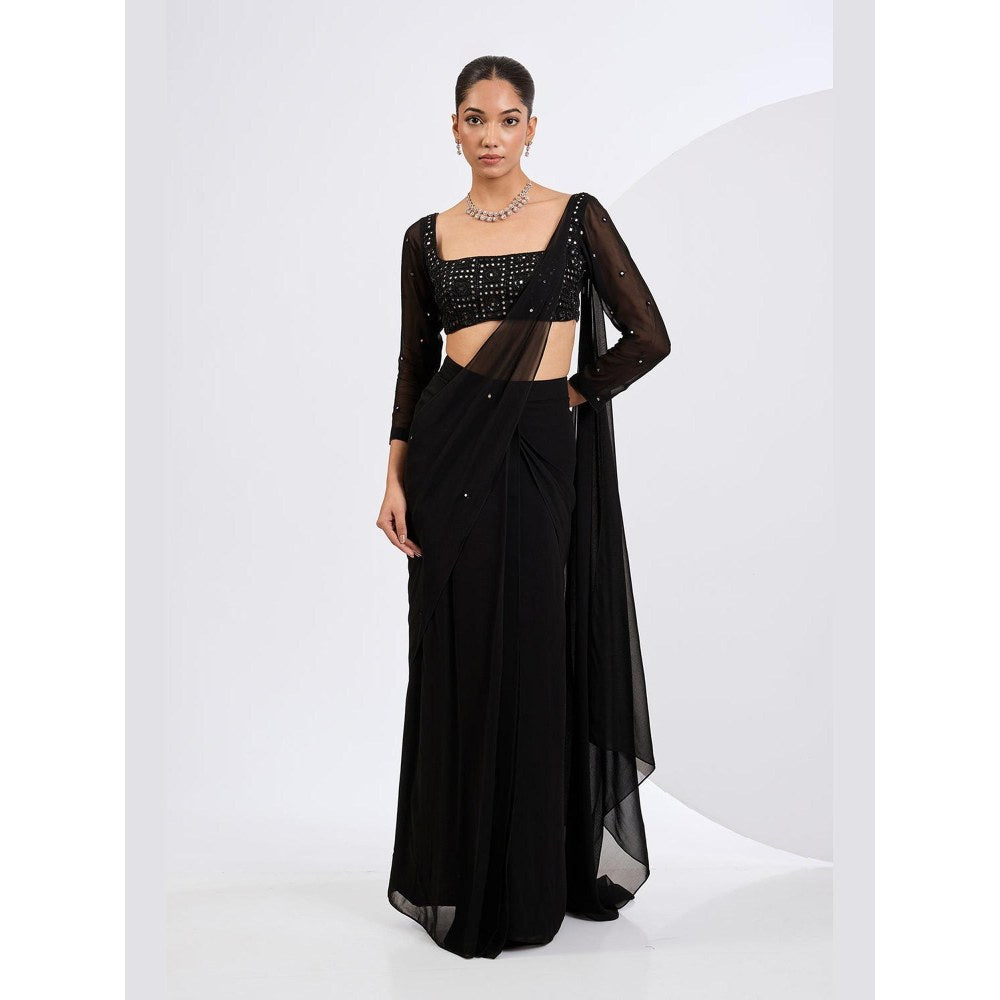 Neha Khullar Black Pre Draped Mirror Embellished Saree with Embroidered Blouse