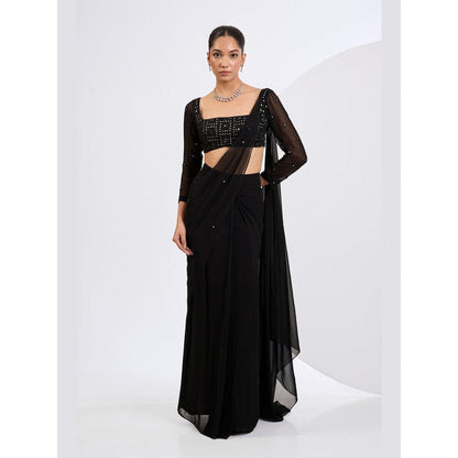 Neha Khullar Black Pre Draped Mirror Embellished Saree with Embroidered Blouse