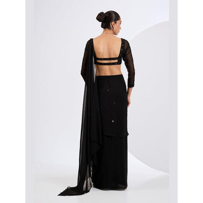 Neha Khullar Black Pre Draped Mirror Embellished Saree with Embroidered Blouse