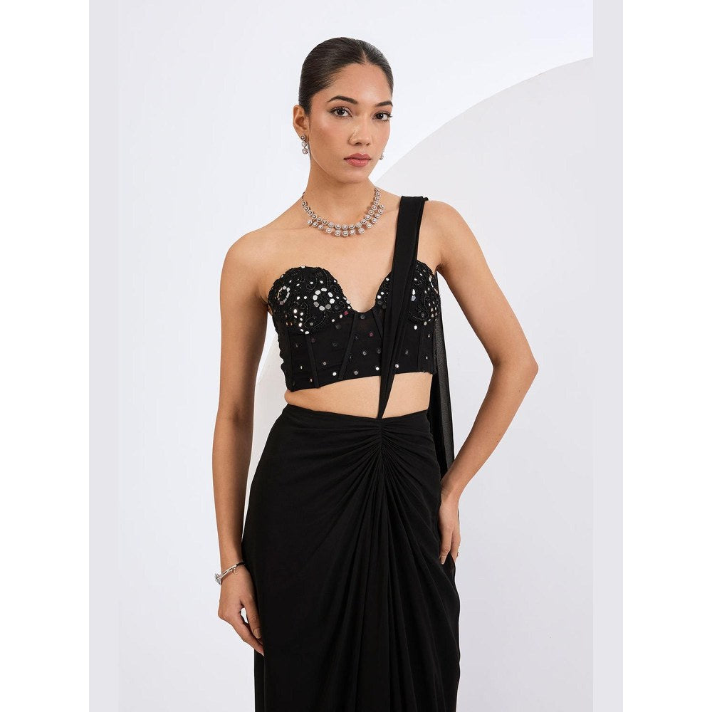 Neha Khullar Black Pre Draped Saree with Embellished Corset