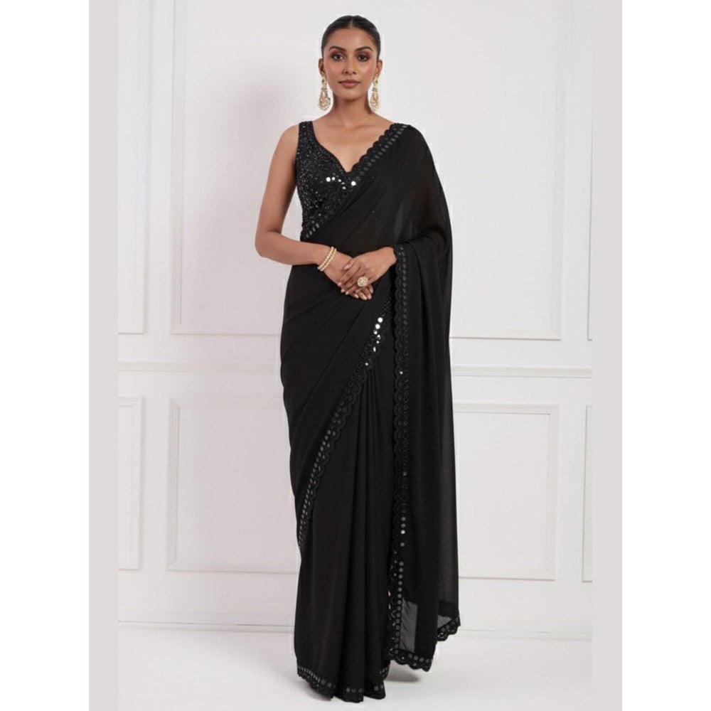 Neha Khullar Black Mirror Work Pre Drape Saree and Stitched Blouse Set