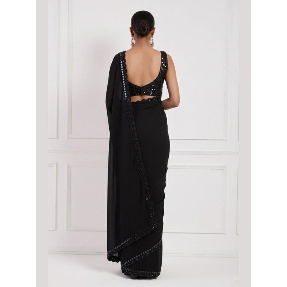 Neha Khullar Black Mirror Work Pre Drape Saree and Stitched Blouse Set