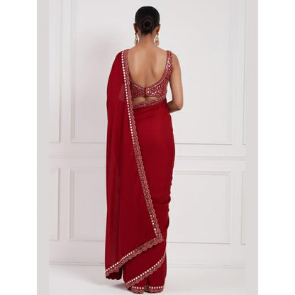 Neha Khullar Red Mirror Work Pre Drape Saree and Stitched Blouse Set