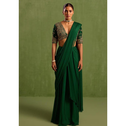 Neha Khullar Green Pre Drape Saree and V-Neck Stitched Blouse Set