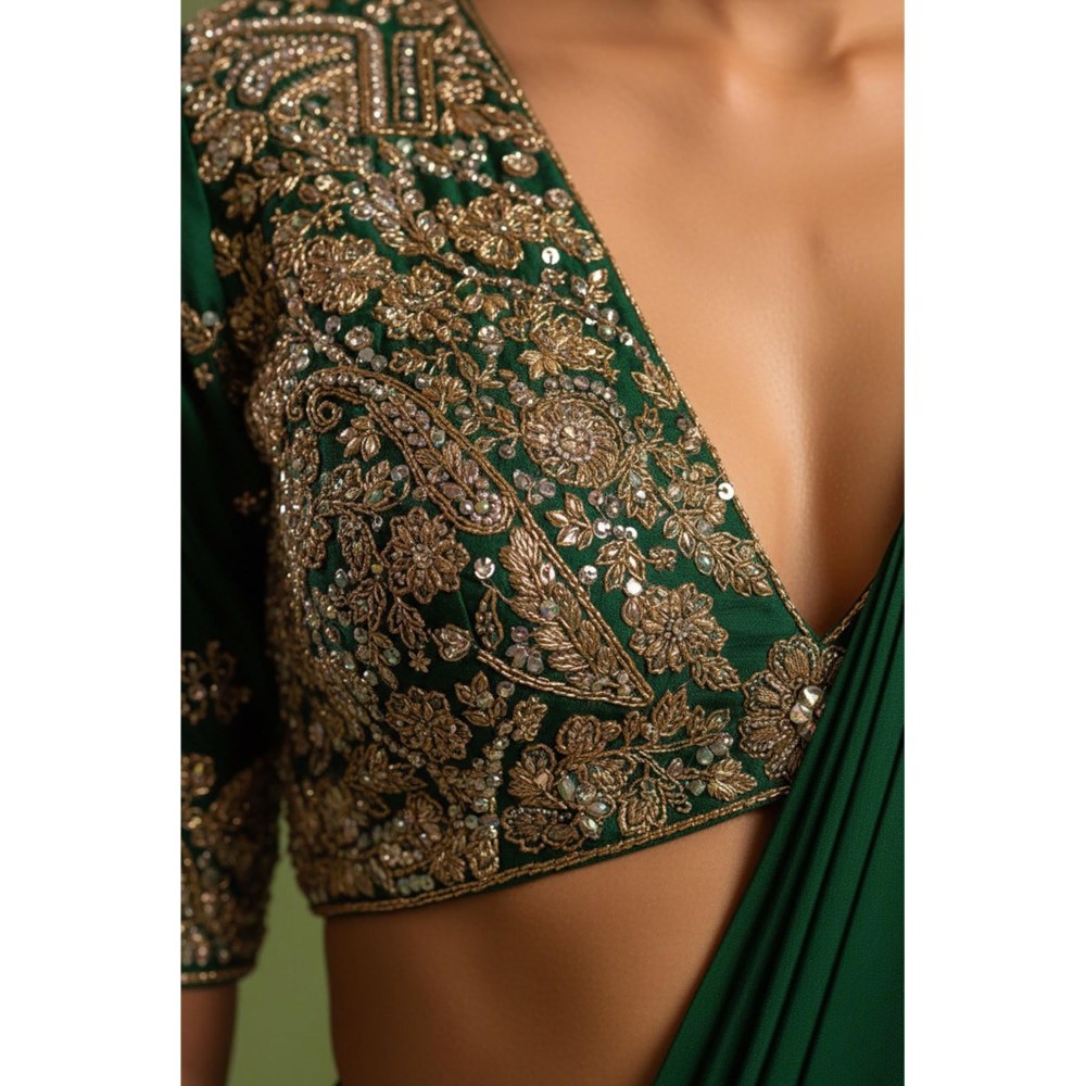 Neha Khullar Green Pre Drape Saree and V-Neck Stitched Blouse Set