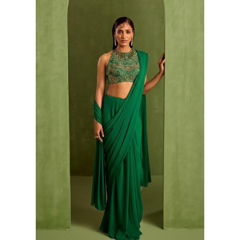 Neha Khullar Green Pre Drape Saree and Halter Neck Stitched Blouse Set