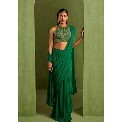 Neha Khullar Green Pre Drape Saree and Halter Neck Stitched Blouse Set