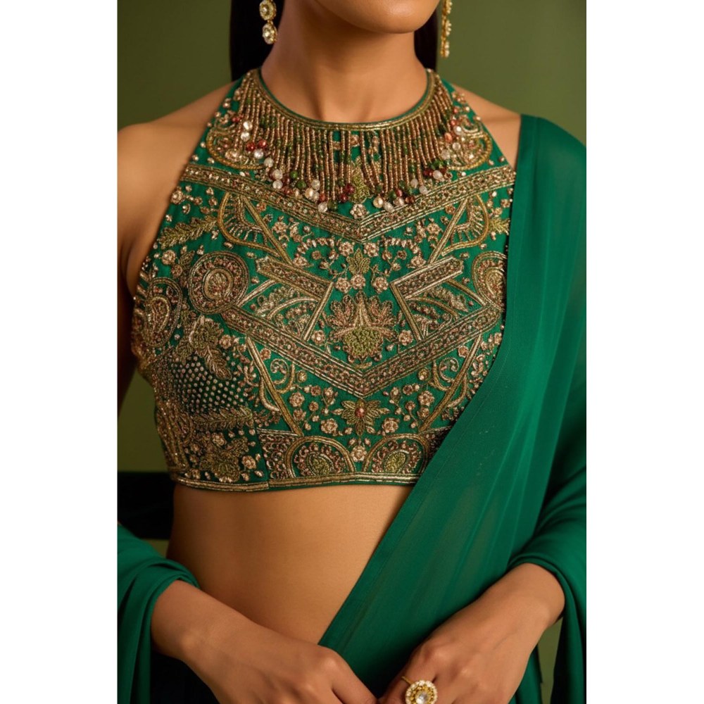 Neha Khullar Green Pre Drape Saree and Halter Neck Stitched Blouse Set
