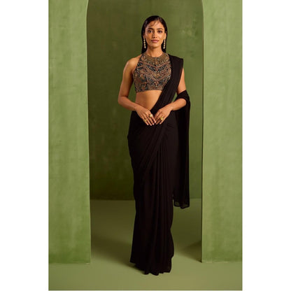 Neha Khullar Black Pre Drape Saree and Halter Neck Stitched Blouse Set