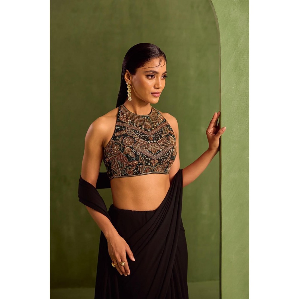 Neha Khullar Black Pre Drape Saree and Halter Neck Stitched Blouse Set
