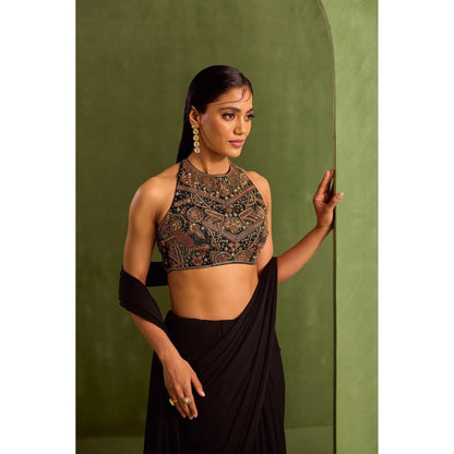 Neha Khullar Black Pre Drape Saree and Halter Neck Stitched Blouse Set