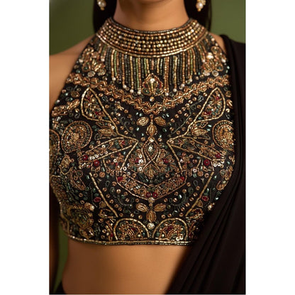 Neha Khullar Black Pre Drape Saree and Halter Neck Stitched Blouse Set