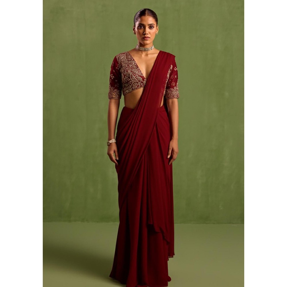 Neha Khullar Maroon Pre Drape Saree and Embroidered Stitched Blouse Set