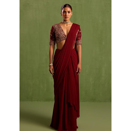 Neha Khullar Maroon Pre Drape Saree and Embroidered Stitched Blouse Set