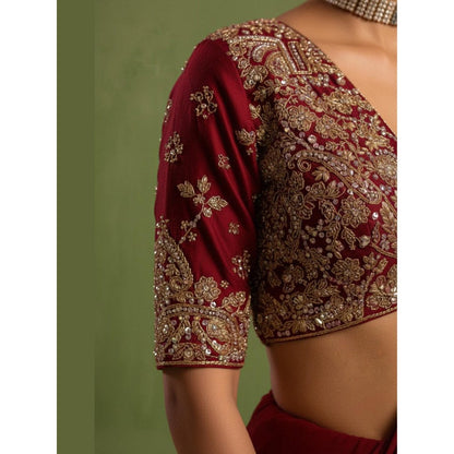 Neha Khullar Maroon Pre Drape Saree and Embroidered Stitched Blouse Set