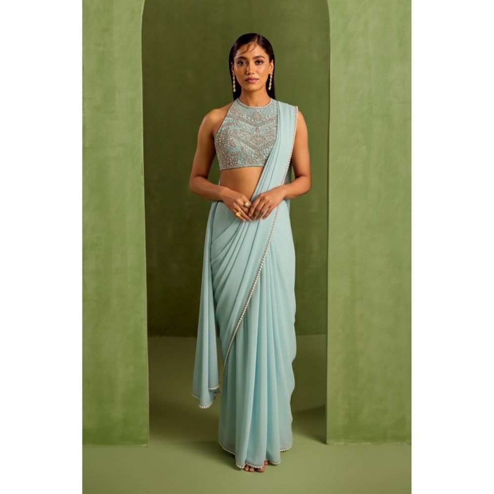 Neha Khullar Blue Pre Drape Saree and Halter Neck Stitched Blouse Set