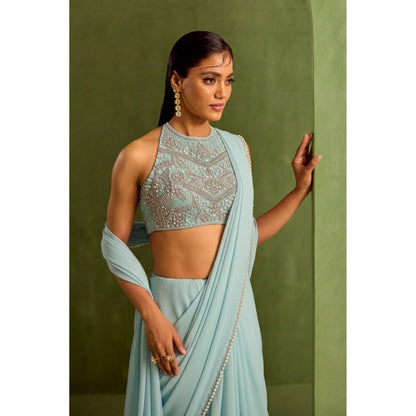 Neha Khullar Blue Pre Drape Saree and Halter Neck Stitched Blouse Set
