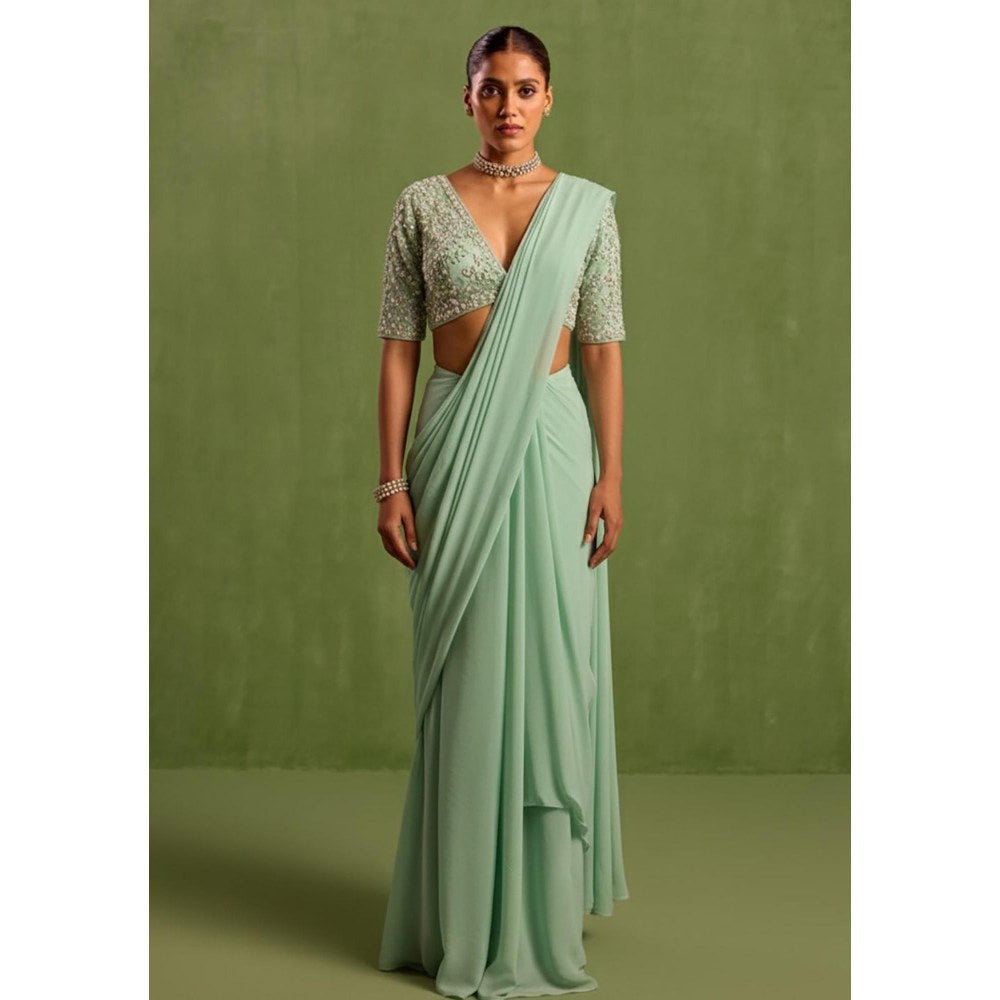 Neha Khullar Green Pre Drape Saree and V-Neck Stitched Blouse Set
