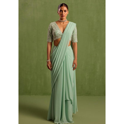 Neha Khullar Green Pre Drape Saree and V-Neck Stitched Blouse Set