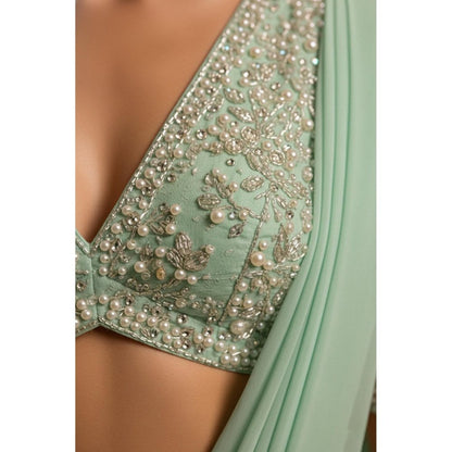 Neha Khullar Green Pre Drape Saree and V-Neck Stitched Blouse Set