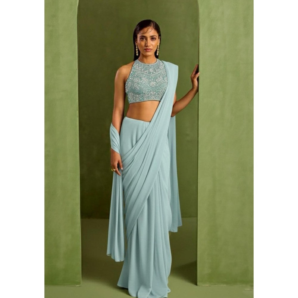 Neha Khullar Blue Pre Drape Saree and Embroidered Stitched Blouse Set