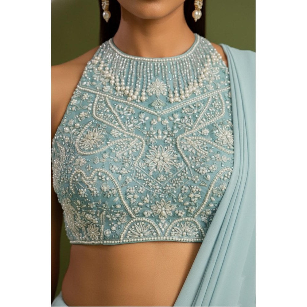 Neha Khullar Blue Pre Drape Saree and Embroidered Stitched Blouse Set