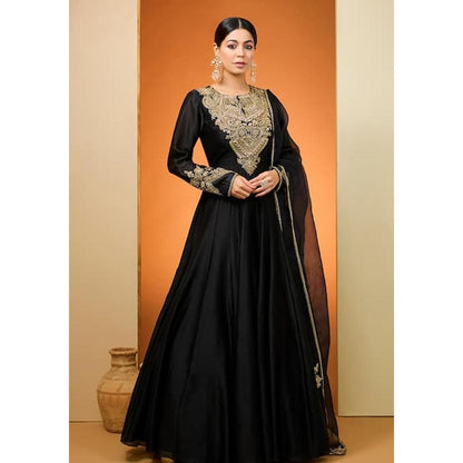 Neha Khullar Black Silk Chanderi Hand Embroidered Kalidar Anarkali Set