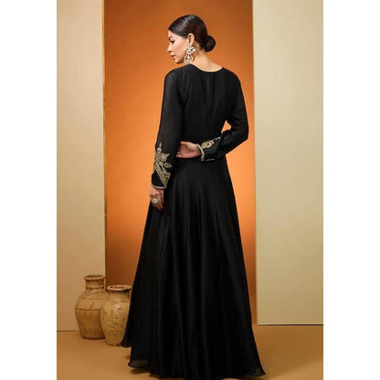 Neha Khullar Black Silk Chanderi Hand Embroidered Kalidar Anarkali Set