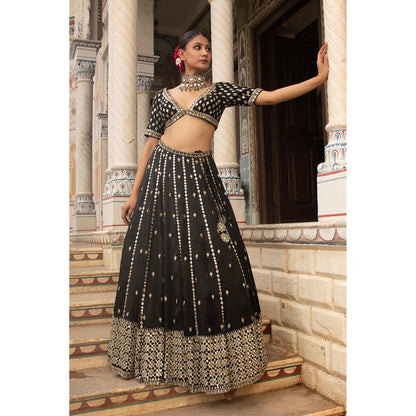 Neha Khullar Black Silk Organza Hand Embroidered Lehenga With Stitched Blouse and Dupatta