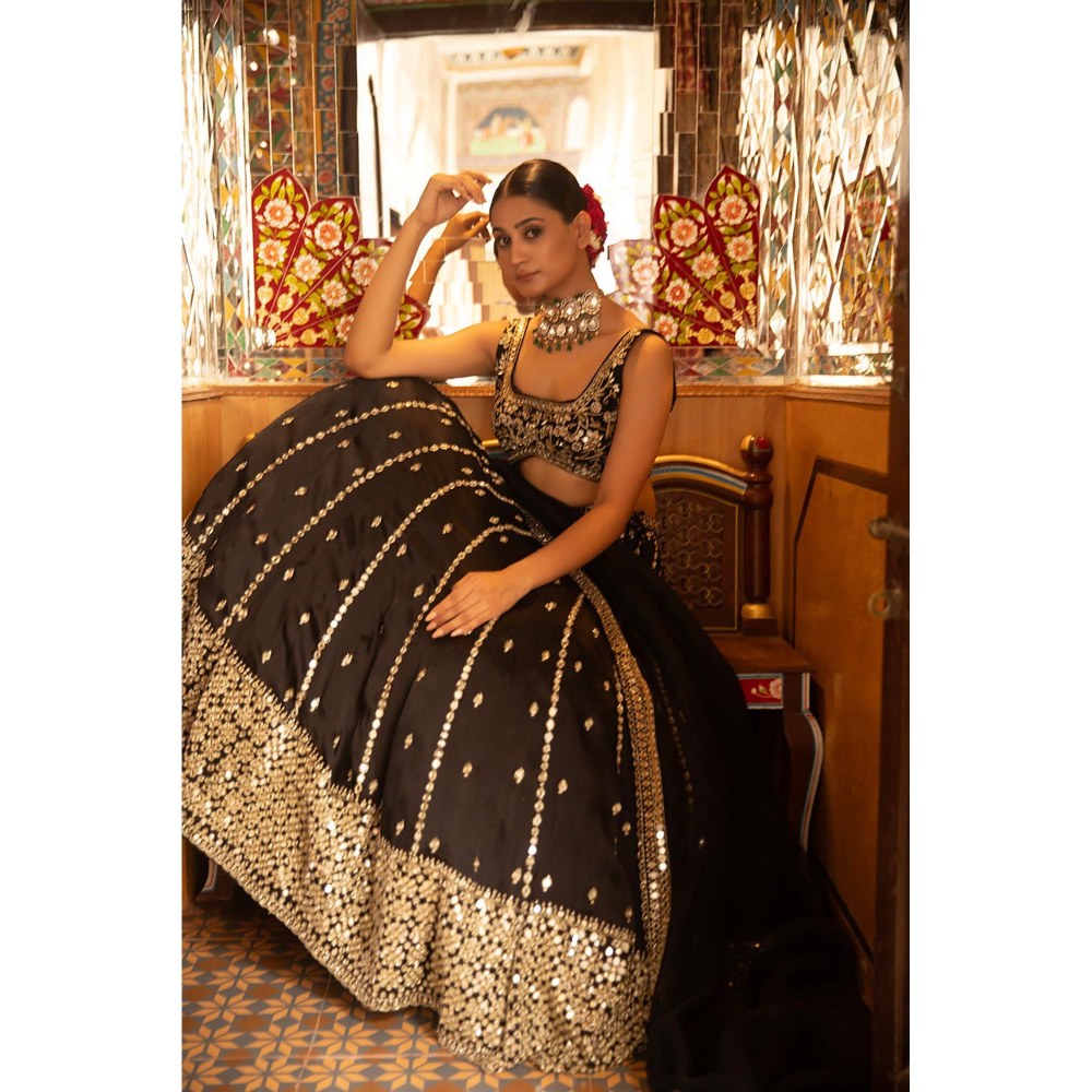 Neha Khullar Black Silk Embroidered Lehenga With Stitched Blouse and Dupatta