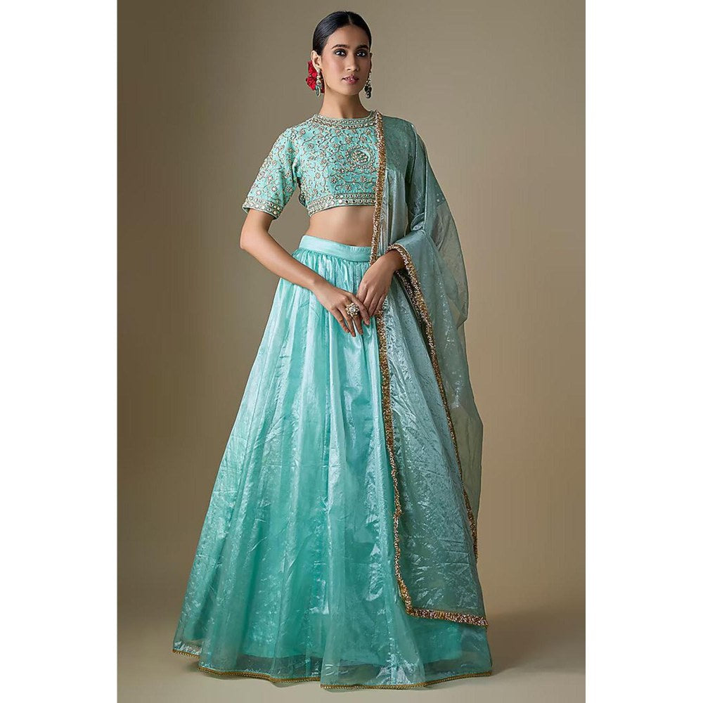 Neha Khullar Blue Tissue Dori Embroidered Lehenga with Stitched Blouse and Dupatta
