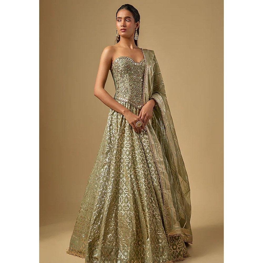 Neha Khullar Mint Green Banarasi Chanderi Corset Lehenga with Stitched Blouse and Dupatta