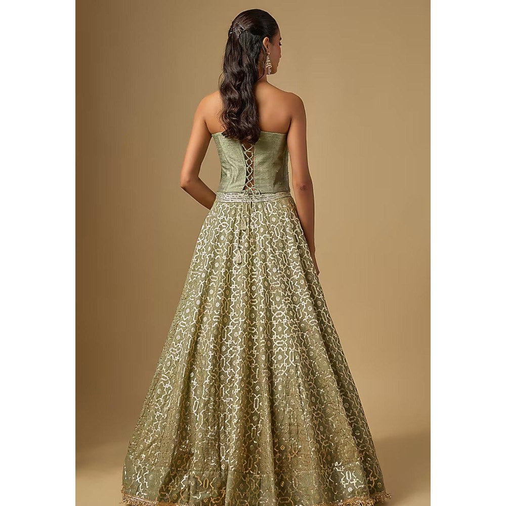Neha Khullar Mint Green Banarasi Chanderi Corset Lehenga with Stitched Blouse and Dupatta