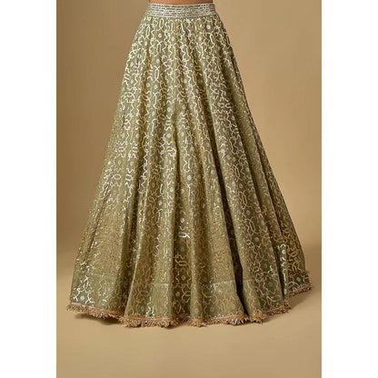 Neha Khullar Mint Green Banarasi Chanderi Corset Lehenga with Stitched Blouse and Dupatta
