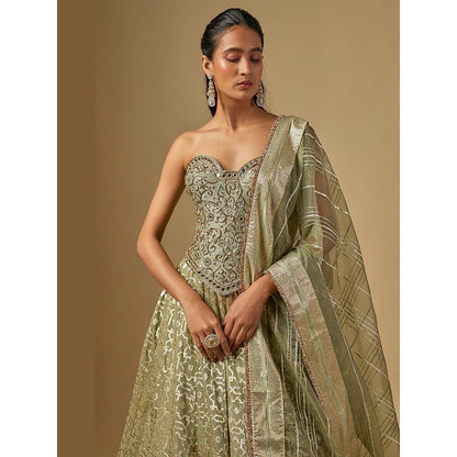 Neha Khullar Mint Green Banarasi Chanderi Corset Lehenga with Stitched Blouse and Dupatta