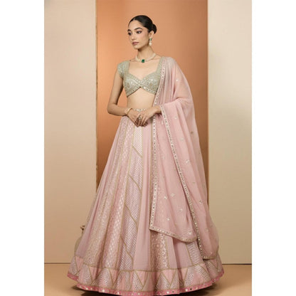 Neha Khullar Pink And Mint Green Lehenga with Stitched Blouse and Dupatta