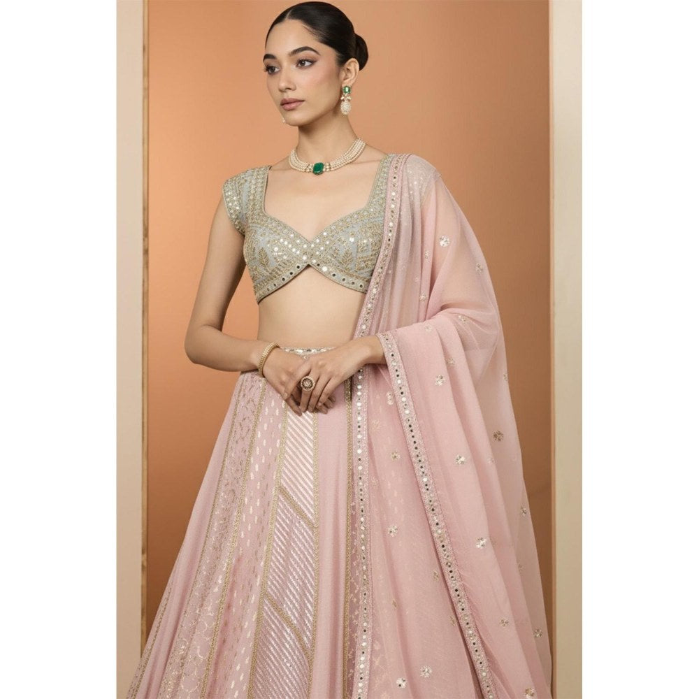Neha Khullar Pink And Mint Green Lehenga with Stitched Blouse and Dupatta