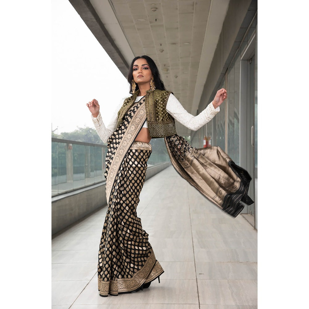 Neha Tarun Ivory Embroidered Saree and Jacket with Stitched Blouse
