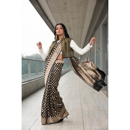 Neha Tarun Ivory Embroidered Saree and Jacket with Stitched Blouse