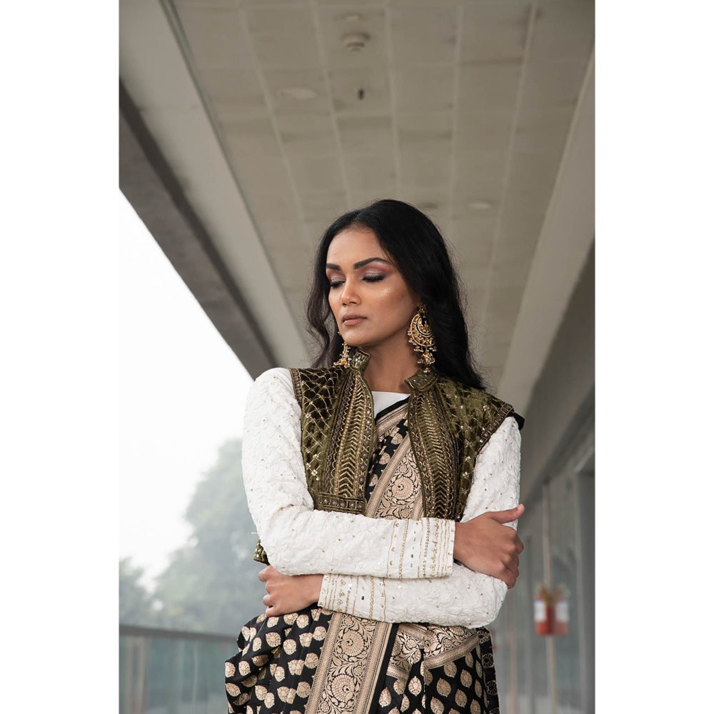 Neha Tarun Ivory Embroidered Saree and Jacket with Stitched Blouse