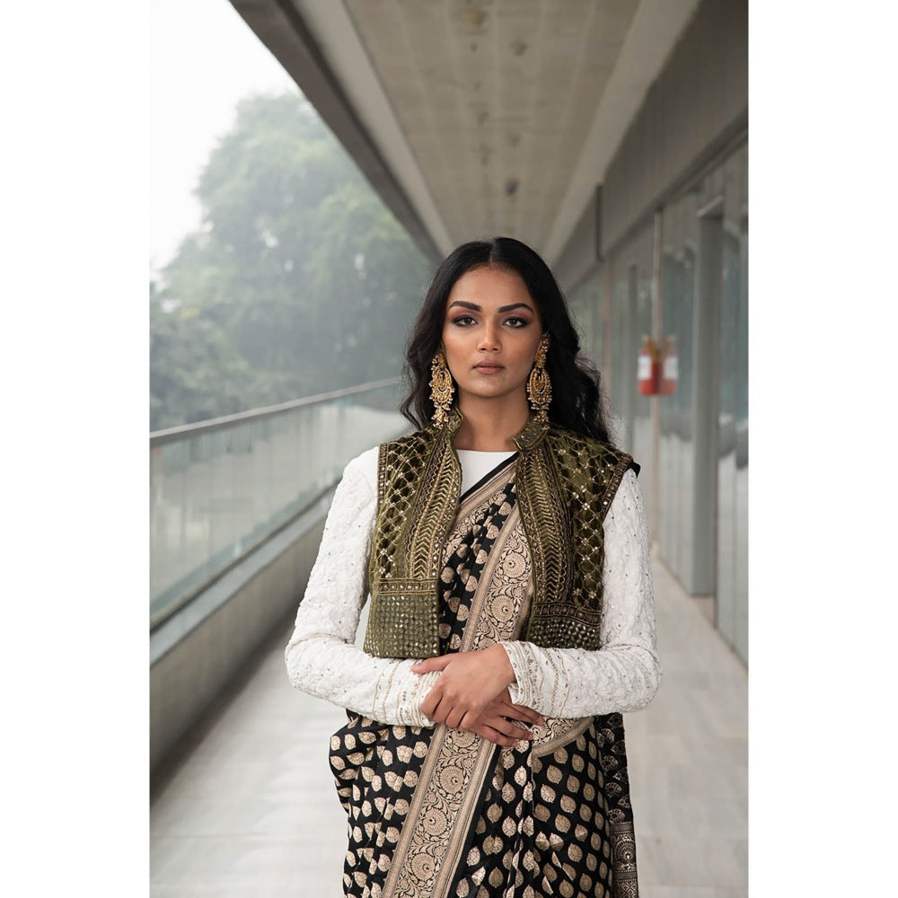 Neha Tarun Ivory Embroidered Saree and Jacket with Stitched Blouse