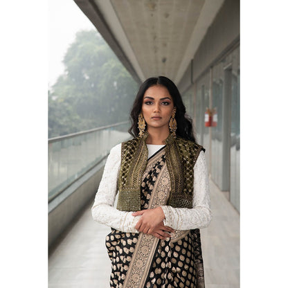Neha Tarun Ivory Embroidered Saree and Jacket with Stitched Blouse