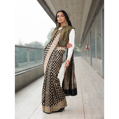 Neha Tarun Ivory Embroidered Saree and Jacket with Stitched Blouse