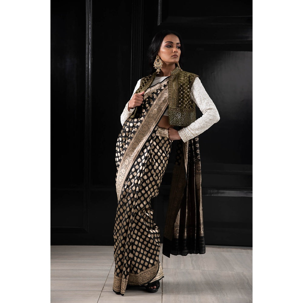 Neha Tarun Ivory Embroidered Saree and Jacket with Stitched Blouse